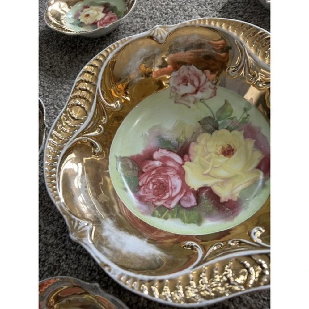7-PC Antique Hand Painted Nippon Floral & Gold Nut Bowl &‎ 6 Salt Cellar Dishes
